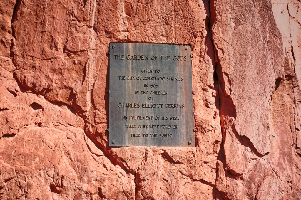Charles Elliot Perkins plaque at Garden of the Gods