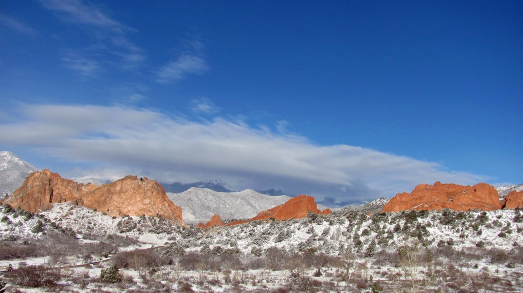 A snowy Garden of the Gods from Visitor Center