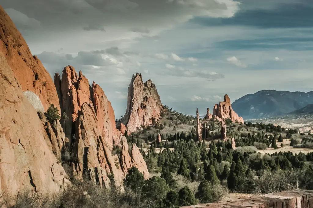 Looking southward at Garden of the Gods. The Cathedral Spires and Three Graces are at center.